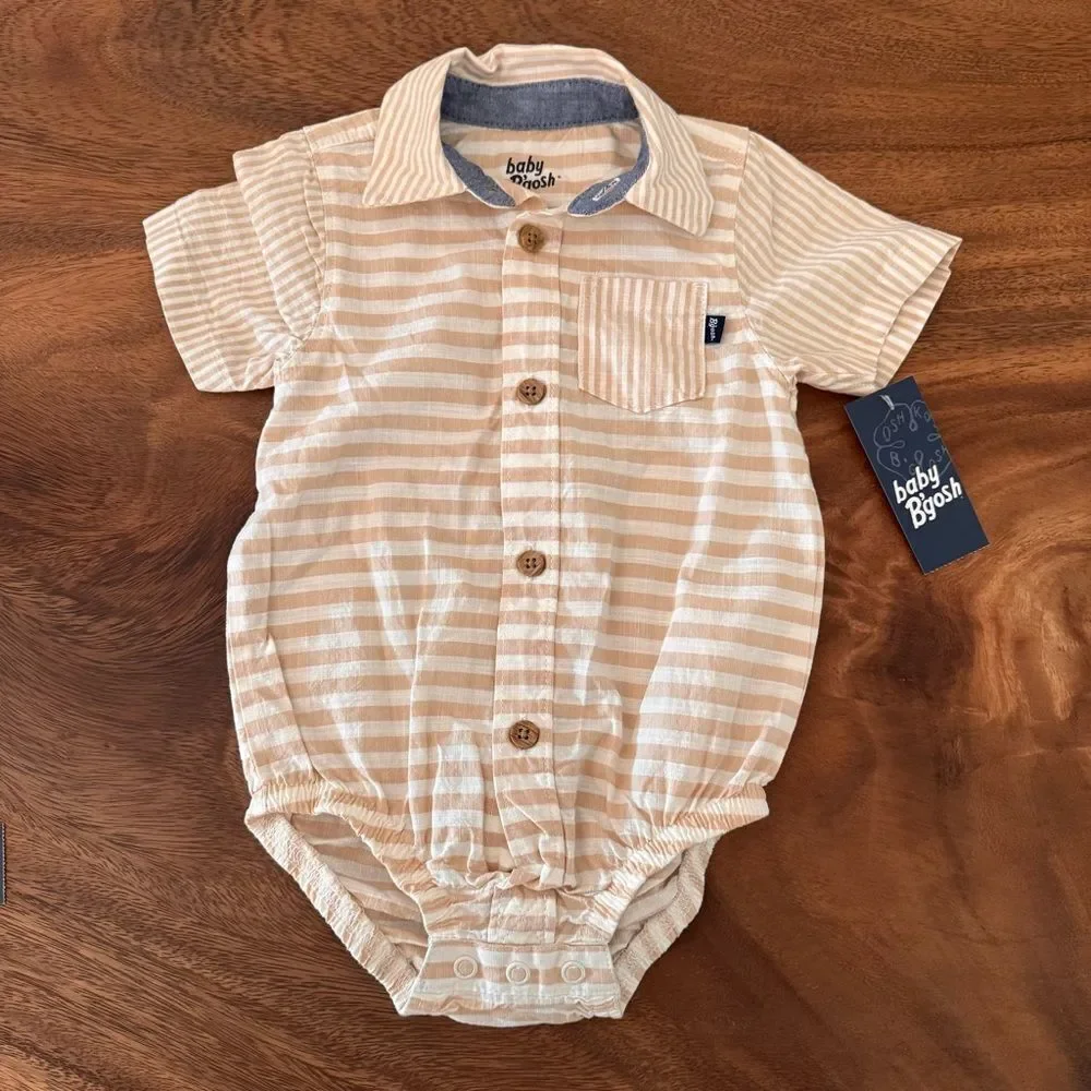 OshKosh B'gosh Baby Boy Suspender Shorts and Striped Button Bodysuit. 6 Months